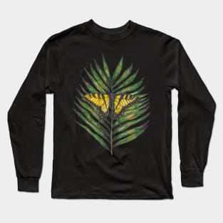 Green tropical leaf with butterfly Long Sleeve T-Shirt